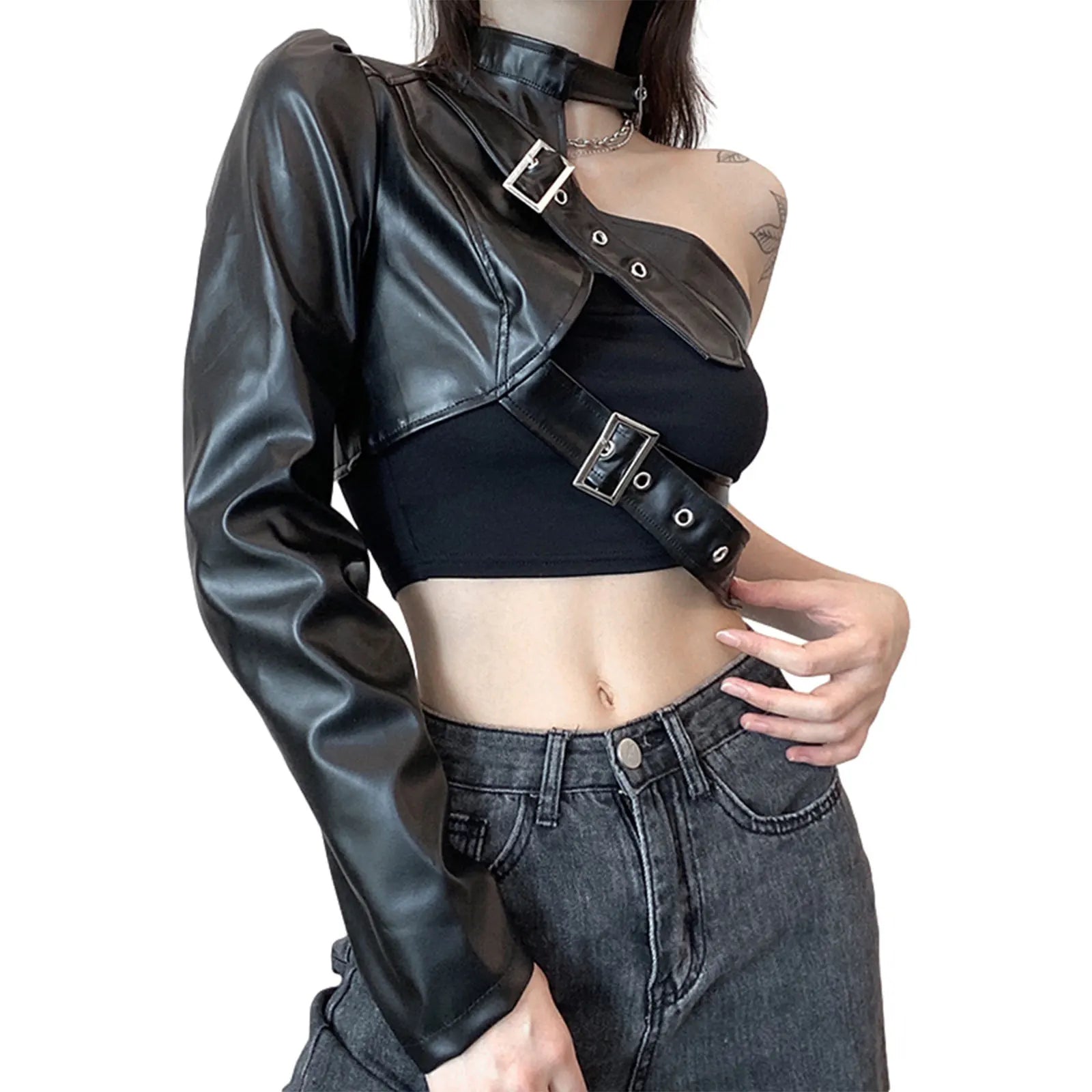2000s Women's Clothing Gothic Punk Style Crop Tops, Cool Single Long Sleeve Neck Hanger Leather Belt Connected Tops