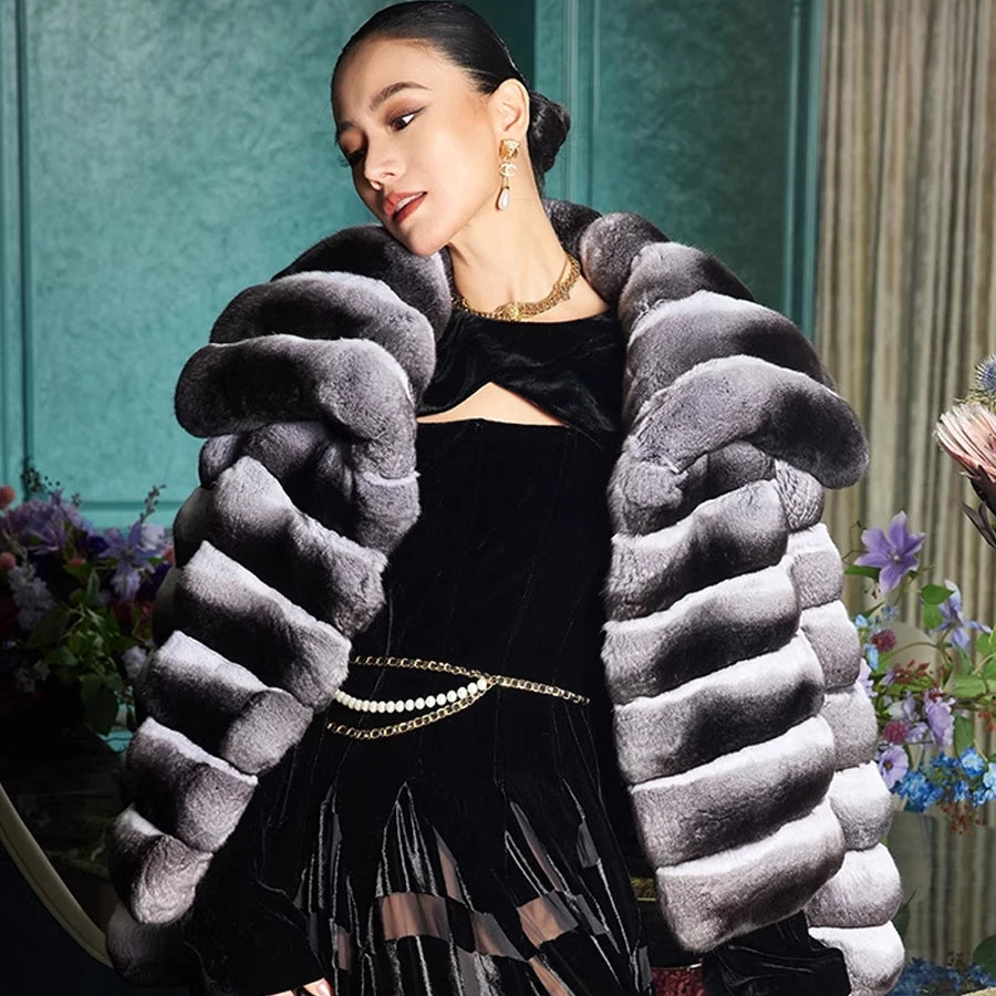 KIMLUD, Real Rex Rabbit Fur Coat Chinchilla Jacket Short Fur Coat With Lapel Luxury Winter Natural Fur Coat, KIMLUD Women's Clothes
