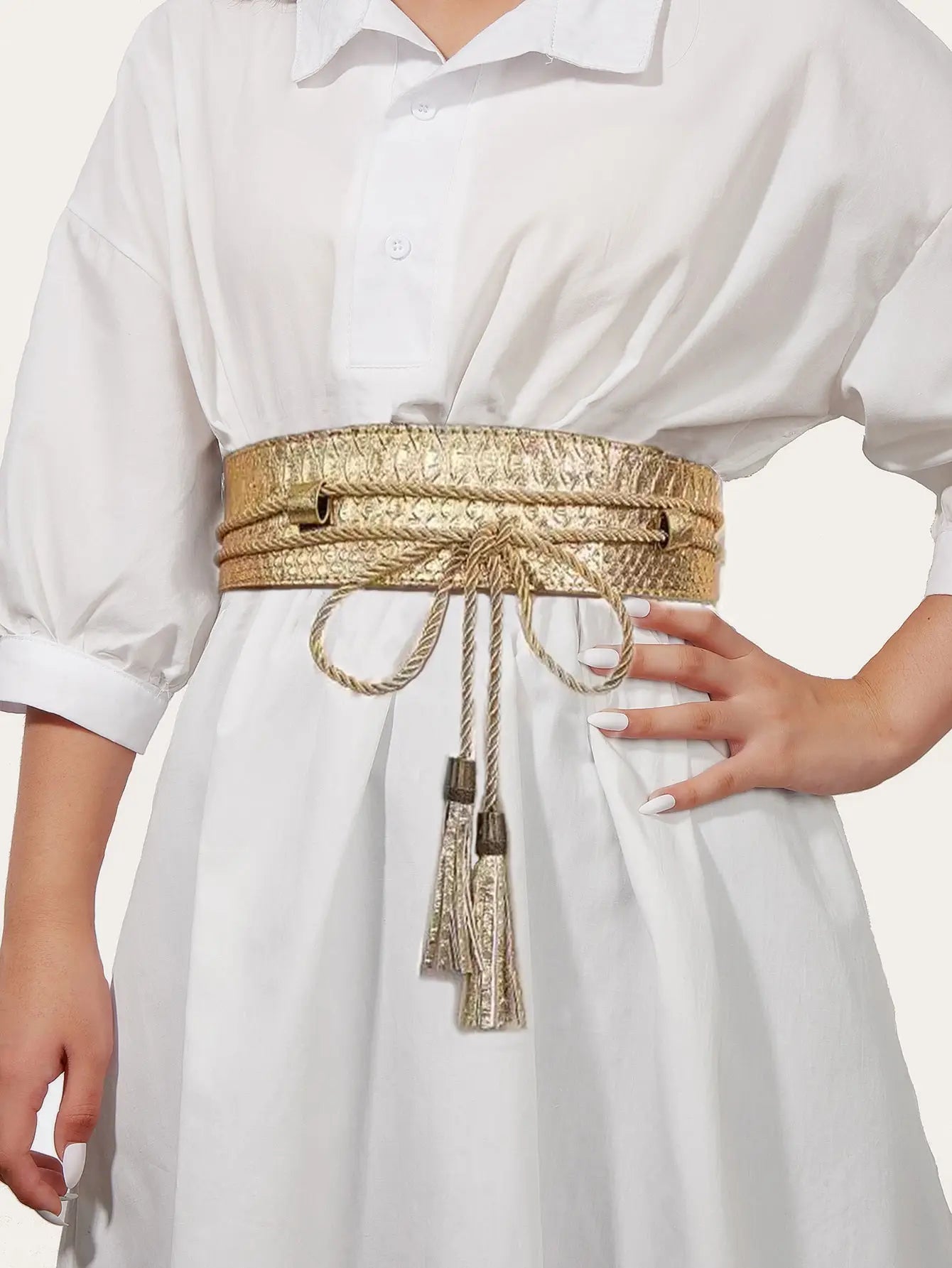 Tassel Decor Wide Belt Polyester PU — Gold | KIMLUD