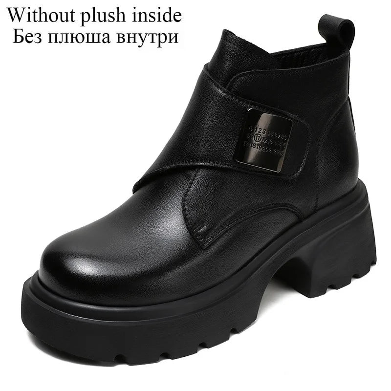 DRKANOL Wide Head Design Women Platform Boots Autumn Winter Warm Thick High Heel Hool And Loop Metal Genuine Leather Ankle Boots