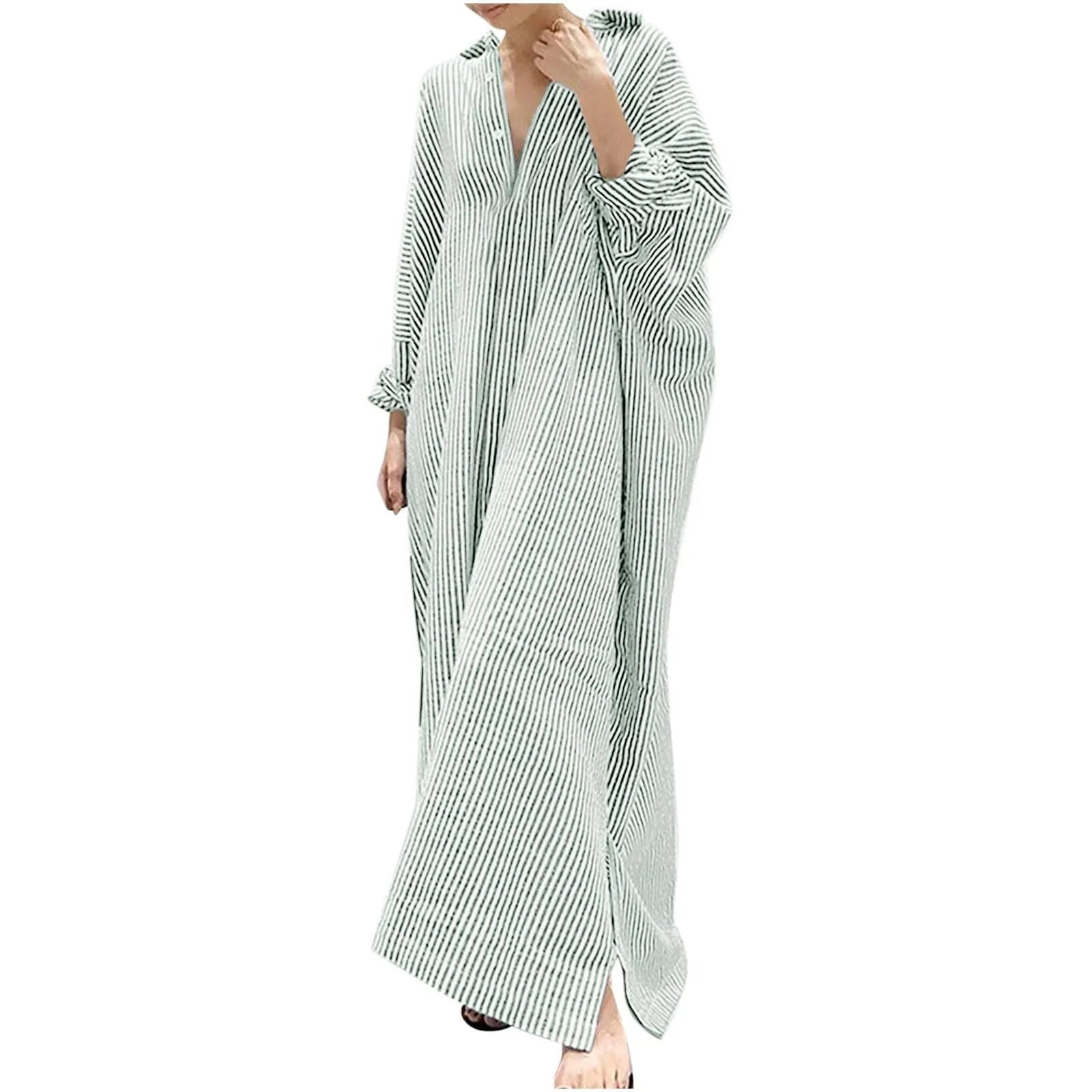 Cotton Maxi Dress Striped — Red and White | KIMLUD