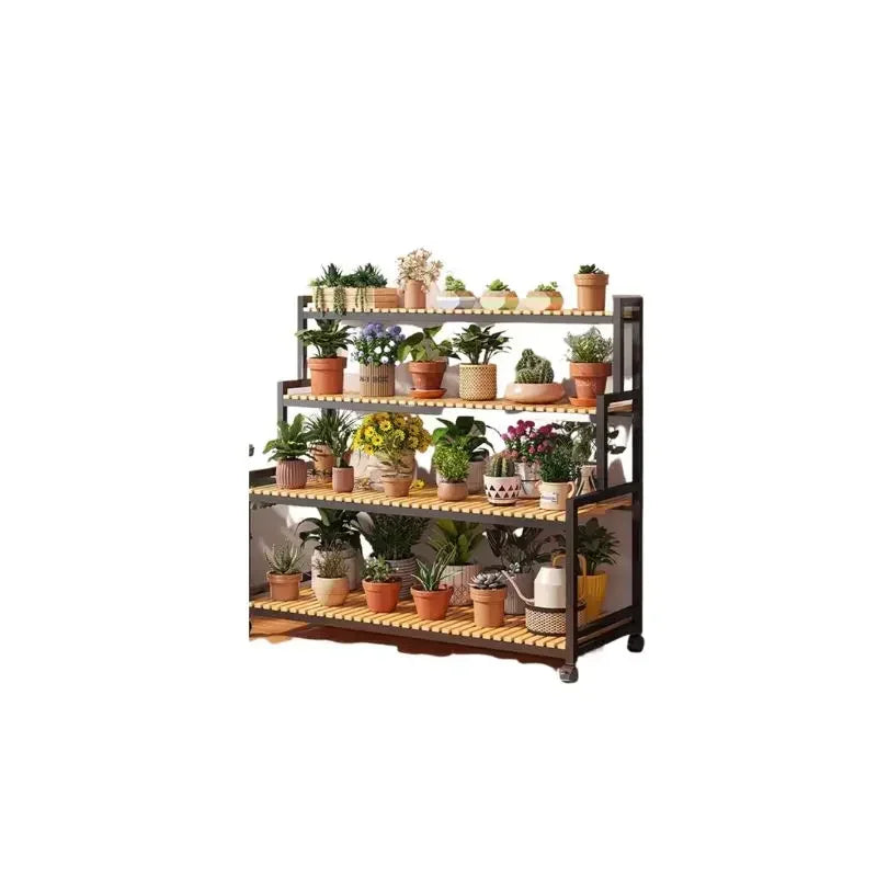 Bamboo Square Outdoor Plant Shelf Rack Five-Tier Display for Garden Outdoors — Black | KIMLUD