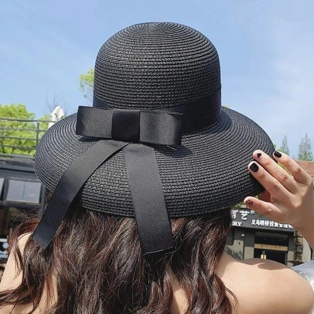 Vintage Breathable Straw Wide Brim Hat — Black | KIMLUD
