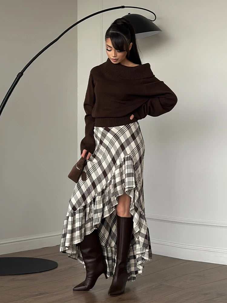 Fashion Black White Plaid Skirt Women Ruff Irregular High Waist Loose Skirts Female Spring New Chic Casual Holiday Streetwear