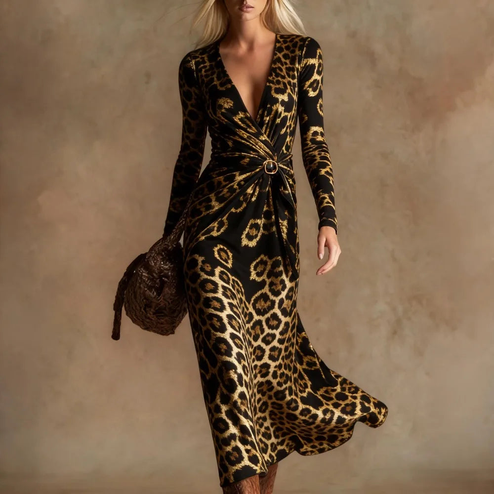 Leopard Print Maxi Dress – Twist Front – Polyester – Leopard | KIMLUD