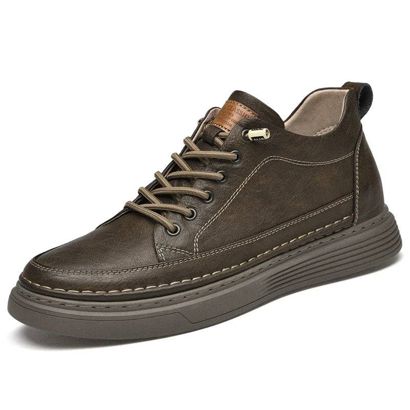 High Top Hiking Shoes – Height Increasing – Leather – Beige | KIMLUD