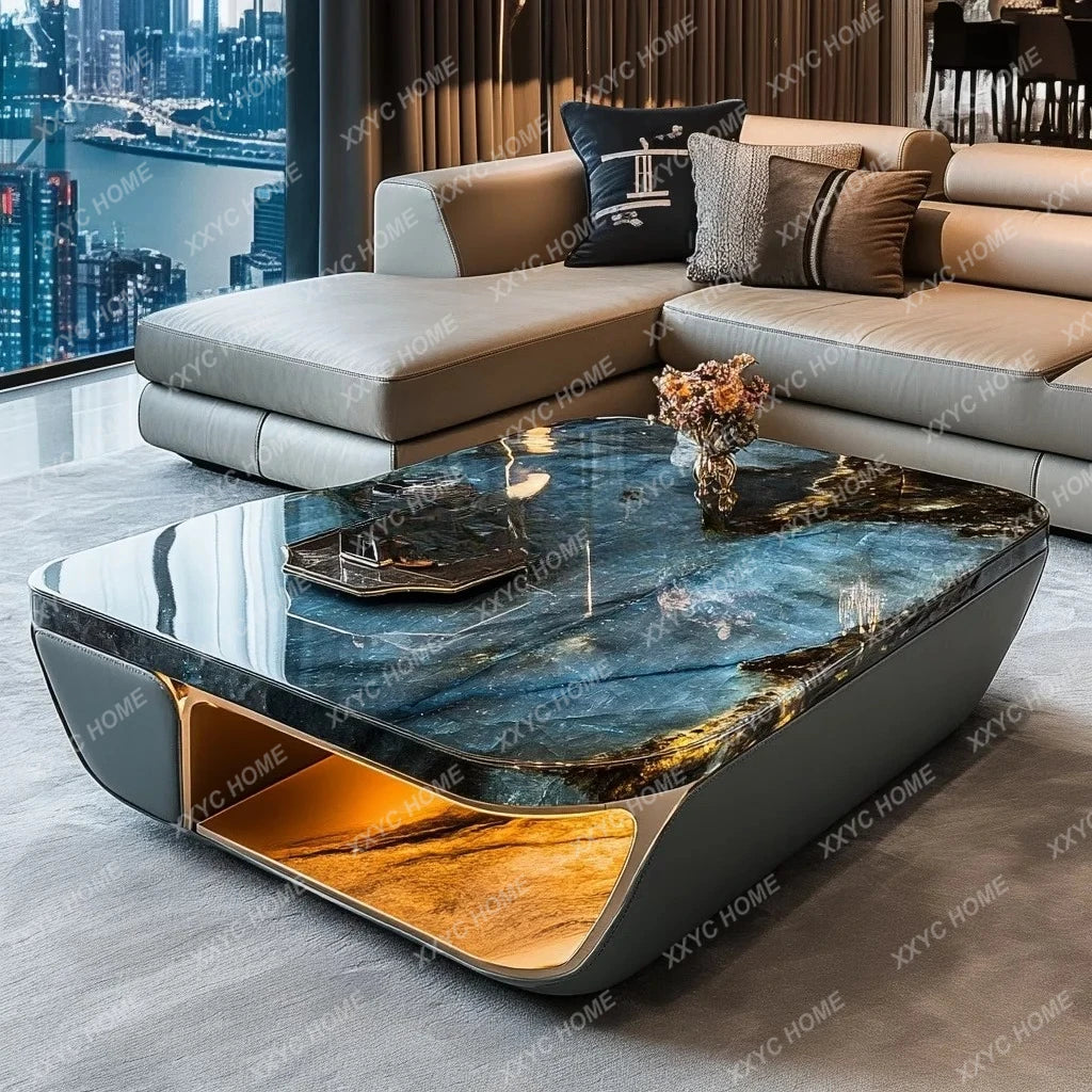 Luminous blue jadeite luxury stone coffee table elegant modern living room advanced design jade minimalist marble villa home