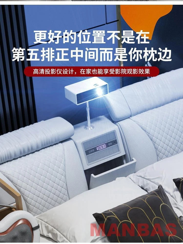 Genuine Leather Bed With Projector USB Speaker — White | KIMLUD