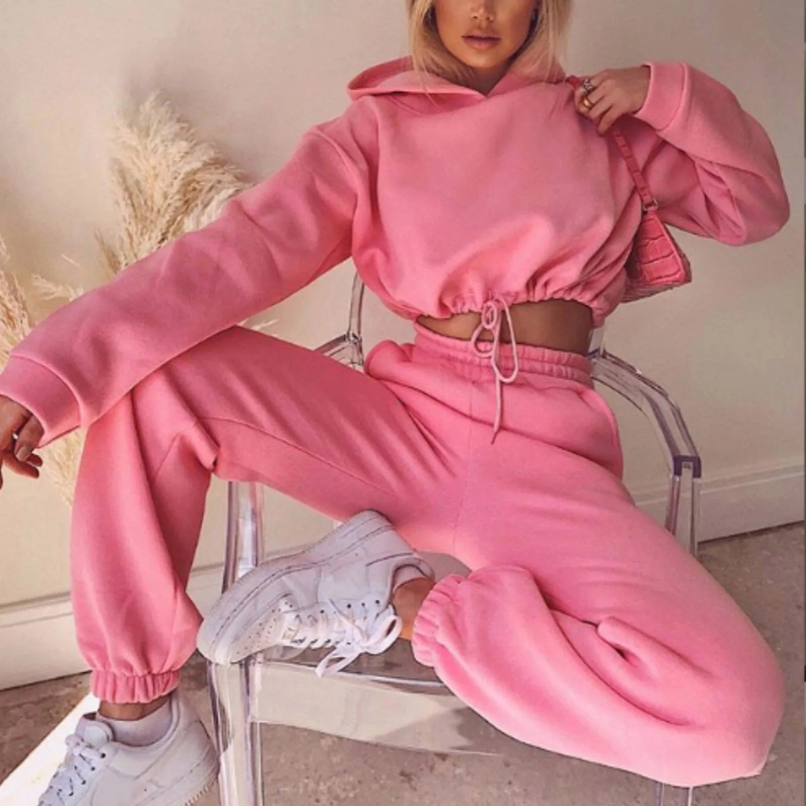 Polyester-Cotton Two-Piece Set Cropped Hooded Top and Joggers — Rose Pink | KIMLUD