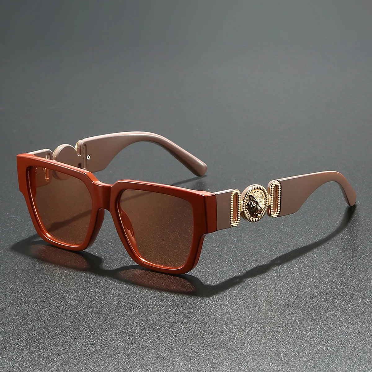 Square Polycarbonate Sunglasses Gold-Tone Lion Motif — Black | KIMLUD