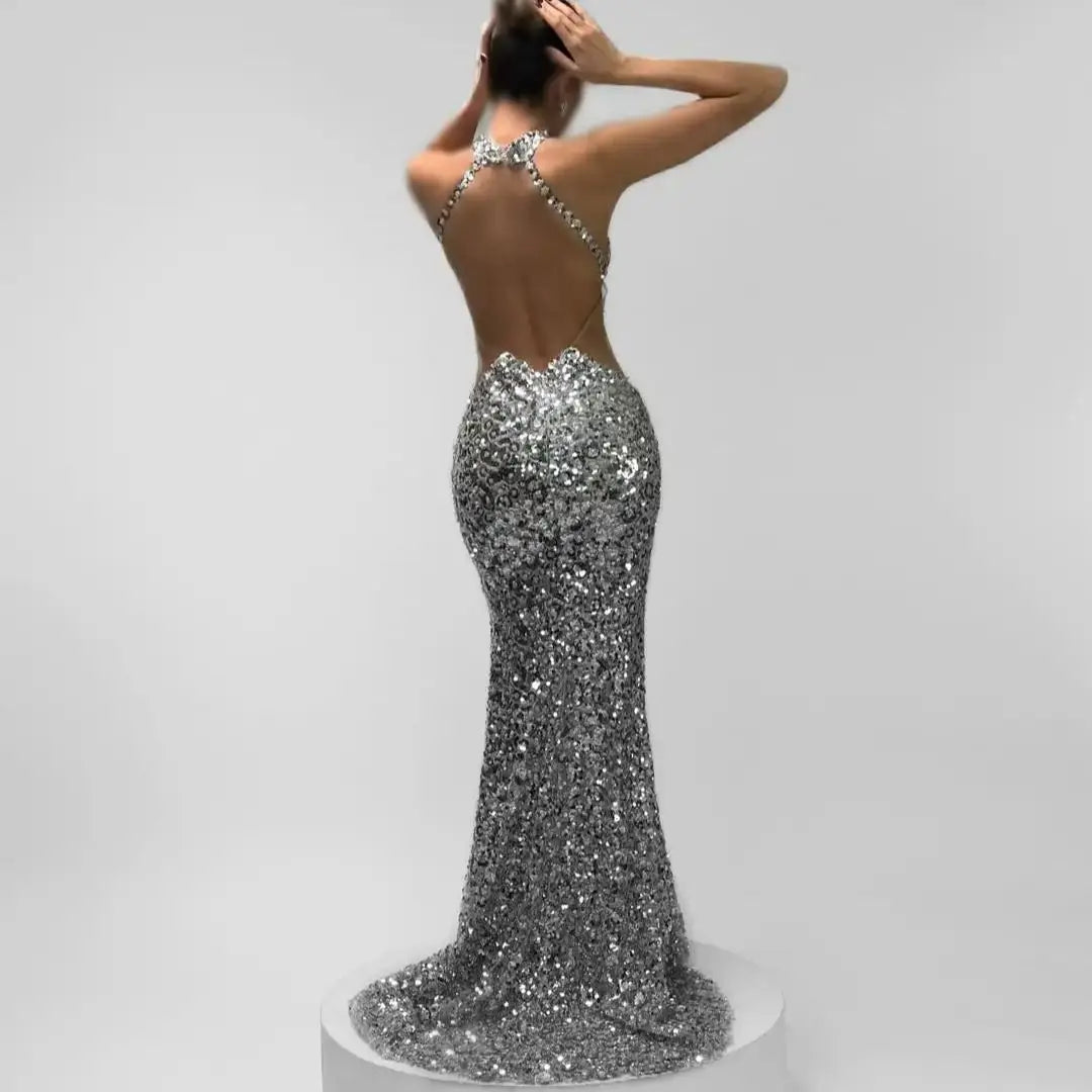 Mermaid Evening Dress – Halter Deep-V Neck – Sequin Beaded | KIMLUD