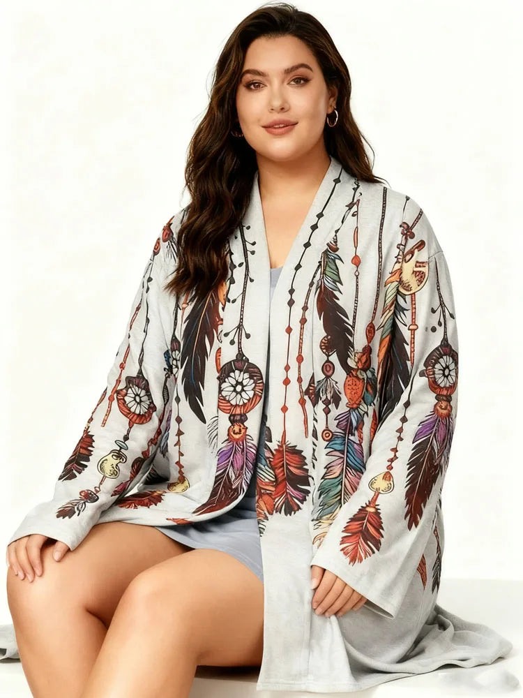 Clearance Plus Size Ethnic Print Long Sleeve Top Coat Bohe Retro Mid-Length Cardigan Daily Comfortable Female Clothing On Sale