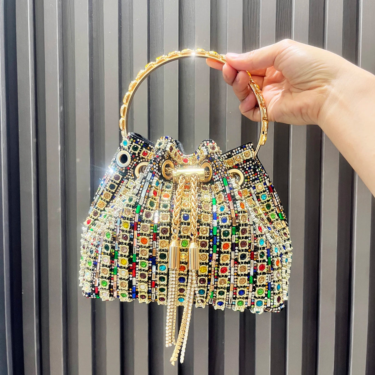Bucket Bag – Crystal Rhinestone Accent – Polyester | KIMLUD