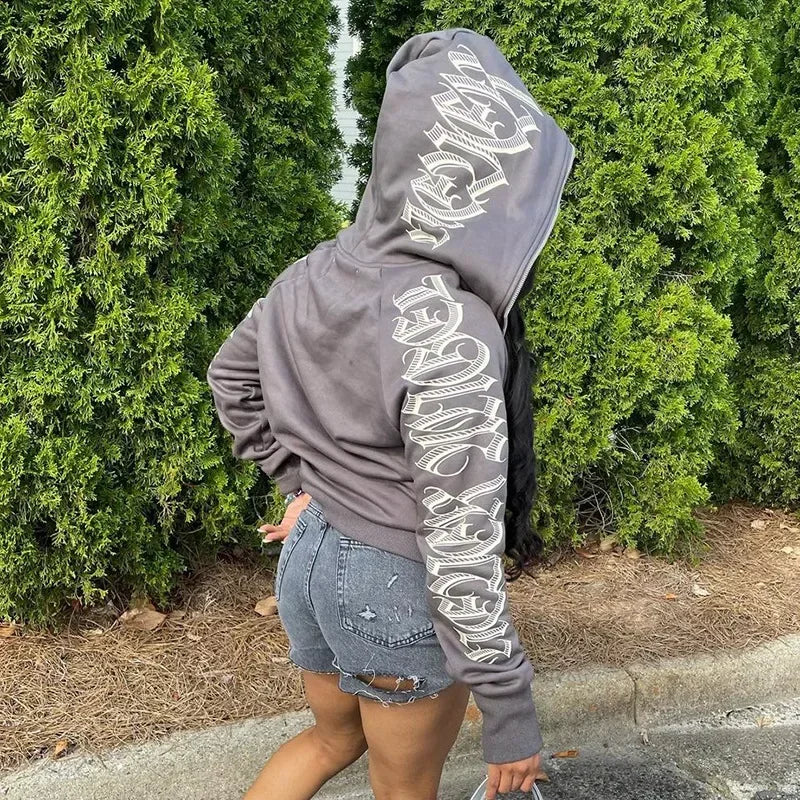 Zip Up Hoodie – Letter Printed – Hooded Silhouette | KIMLUD