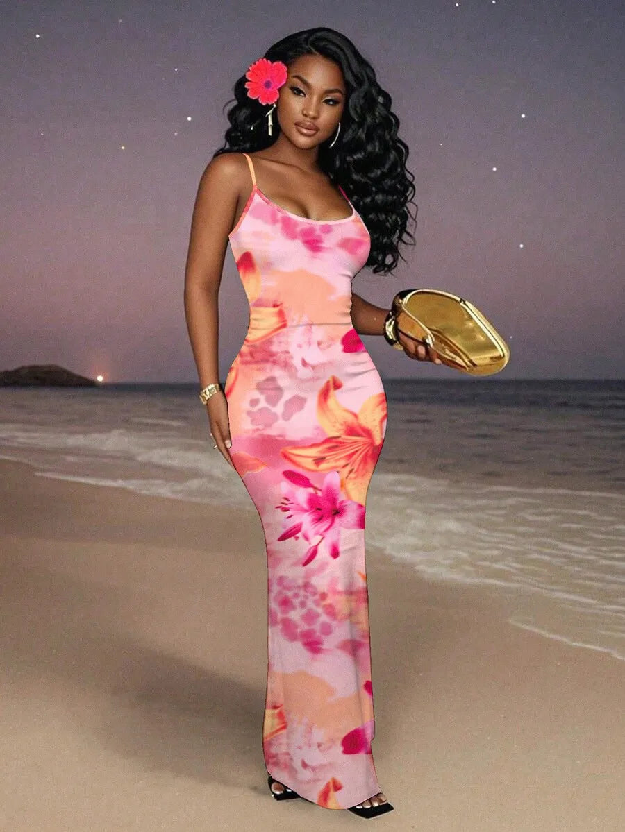Dress - Floral Print Waist Cinched Ankle Length - Polyester | KIMLUD