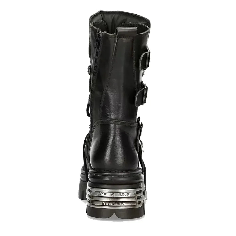 Genuine Leather Motorcycle Boots Goth Skull Embellishment With Metal Hardware — Black | KIMLUD
