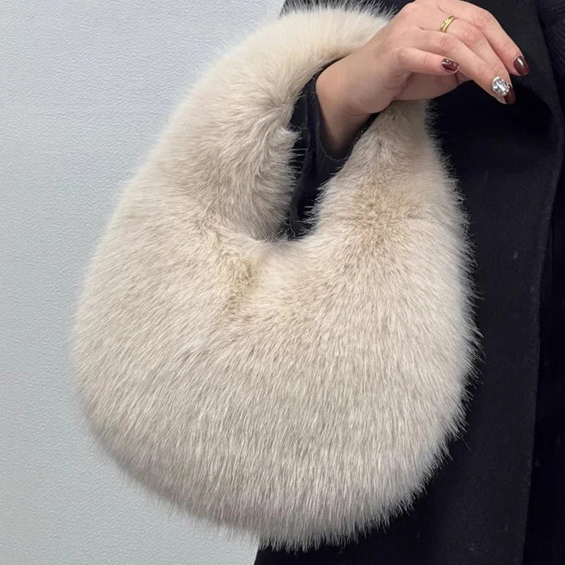 Fashion Soft Plush Half Moon Bags for Women Designer Fluffy Faux Fur Lady Handbags Luxury Small Tote Female Winter Purses