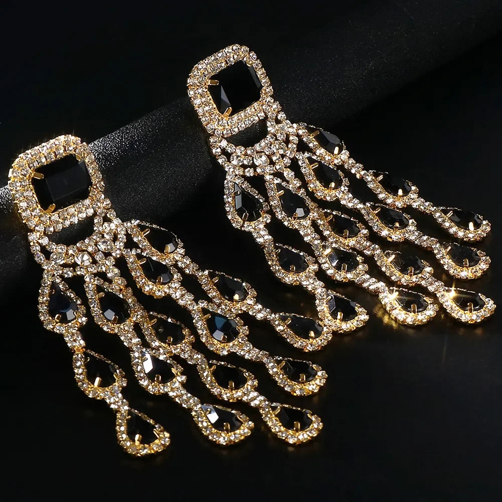 Crystal Tassel Earrings Water Drop Dangle — Black | KIMLUD