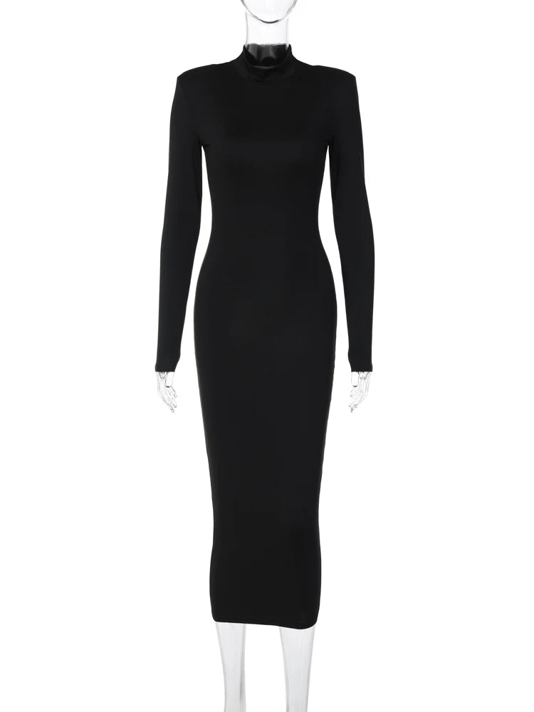 Hugcitar Women Fashion Turtleneck Long Sleeves Black Sexy Bodycon Maxi Prom Dress Fall Casual Clothes Streetwear Party Festival