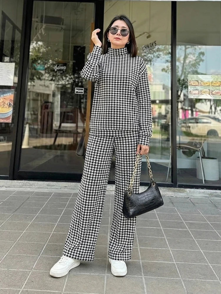 Houndstooth Half High Neck Top Pant Suit Women Color Blocking Full Sleeve Oversized Tops Leg Loose Pants Sets Lady Spring Set