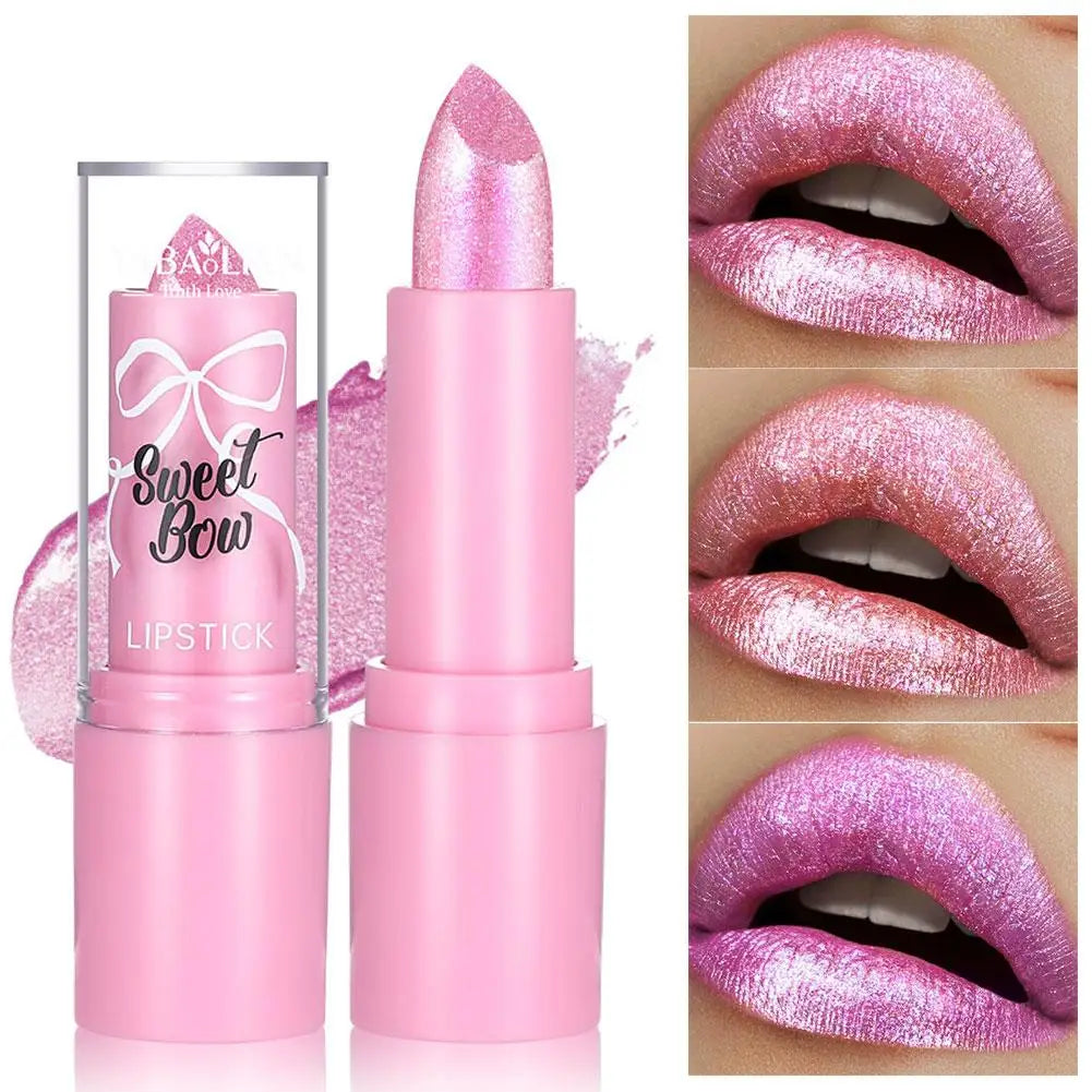 Metallic Pink Glitter Lipstick for Women, Long Lasting High Shine Diamond Nude Shimmer High Impact Full Coverage Sexy Lip Makeup