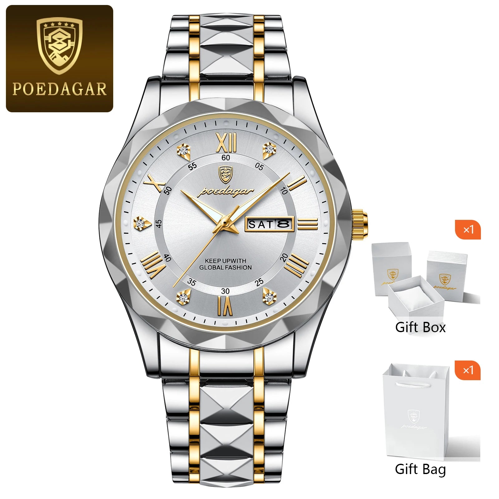 POEDAGAR Luxury Men's Watches Waterproof Luminous Date Week Watch For Man Stainless Steel Quartz Casual Men Wristwatch+Box Gift