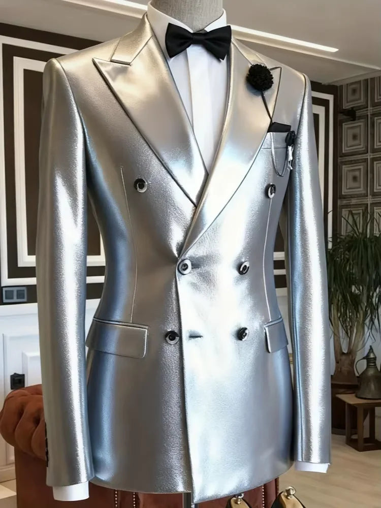Men's Double Breasted Blazer – Slim Fit – Silver Metallic | KIMLUD
