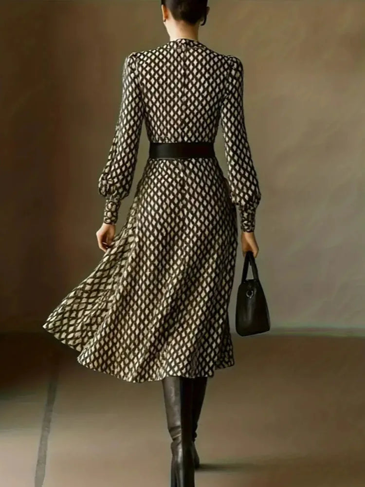Spring and summer new style lapel print women's long sleeved dress diamond grid waist casual and comfortable dress