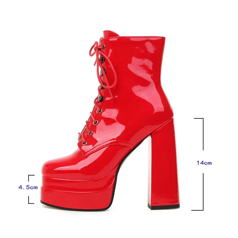 2022 Winter Women Ankle Boots Platform Square High Heel Ladies Ankle Boots Patent PU Leather Cross Tied Women's Shoes Big Size