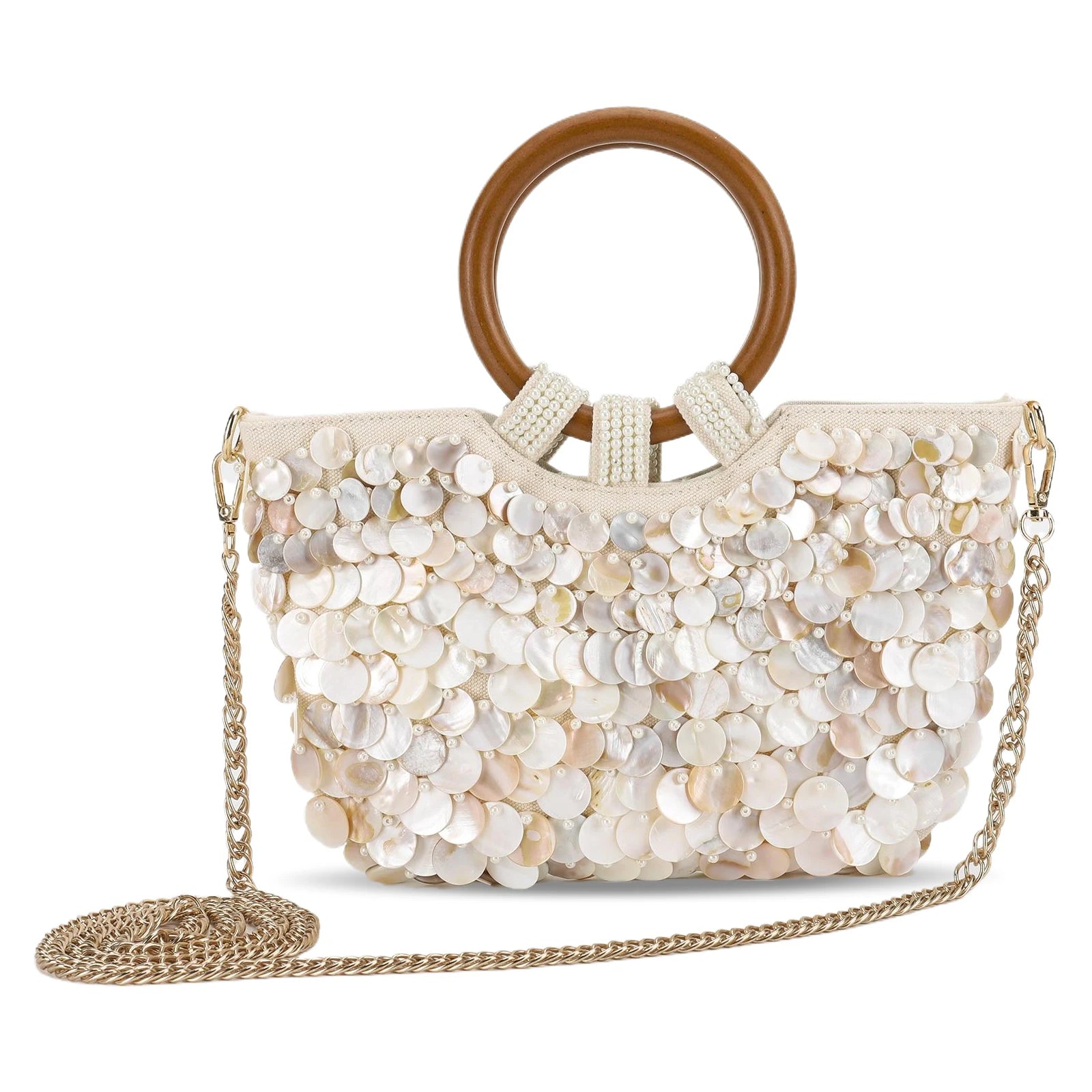 Shell Beaded Clutch Purse Handcrafted Beadwork Top Handle — Champagne Ivory | KIMLUD
