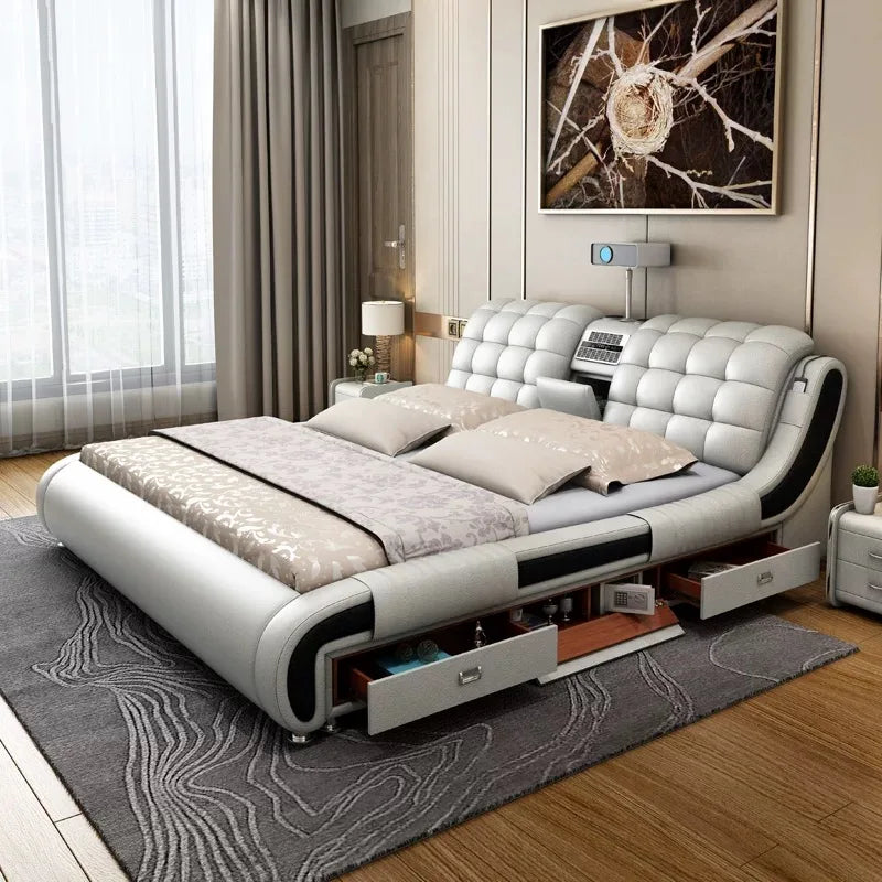Genuine Leather Upholstered Electric Massage Bed King Size With Storage And Gas Lift — Custom Color | KIMLUD