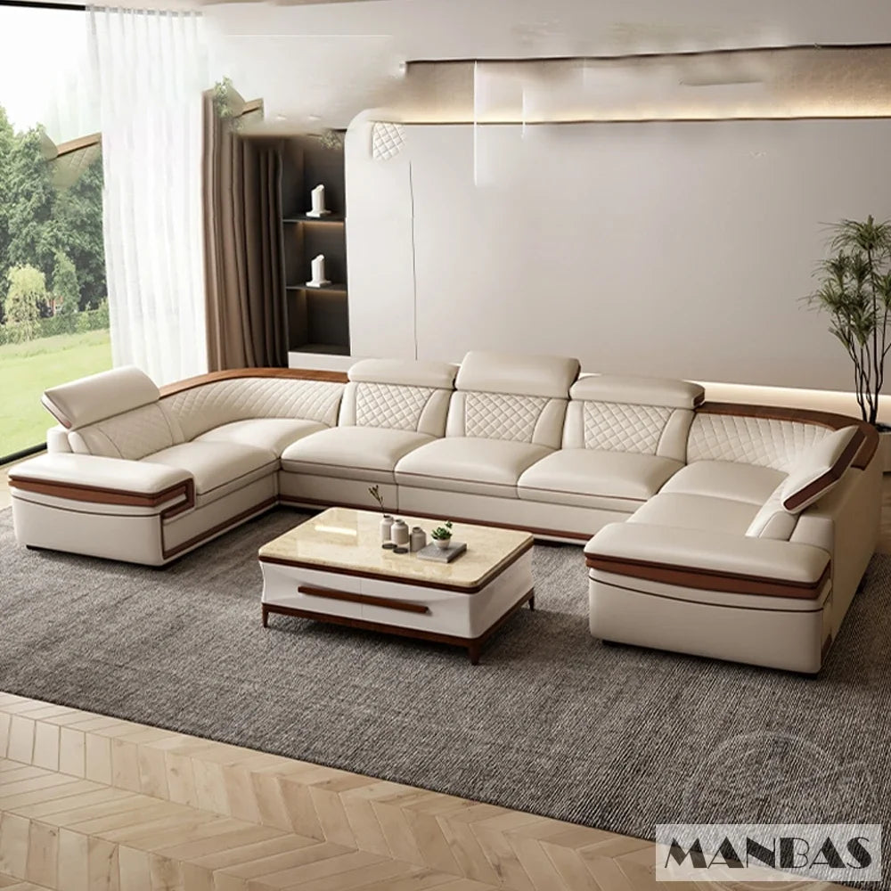 Genuine Italian Leather Sofa Set With Adjustable Headrests — Ivory | KIMLUD