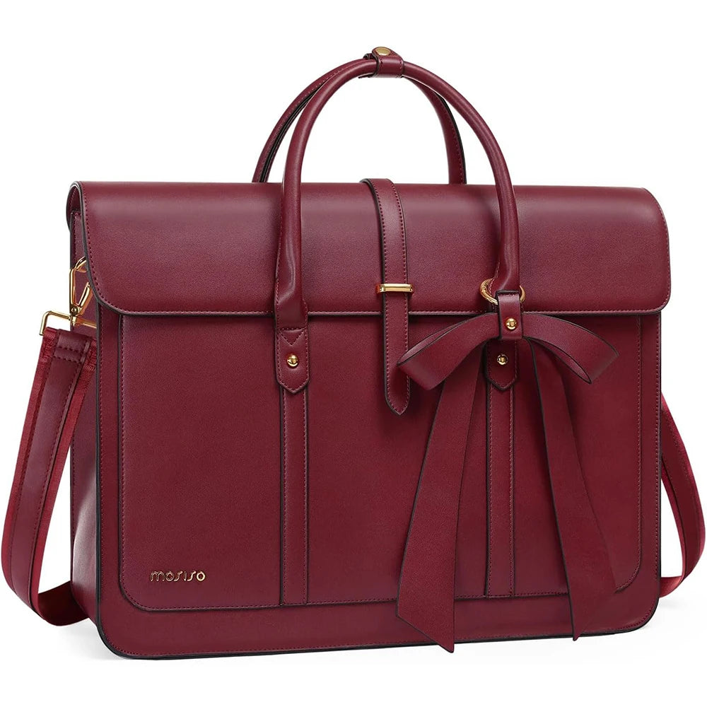 PU Leather Tote Bag 15.6 Inch Laptop Compartment Bow Strap Accent — Coral Pink | KIMLUD