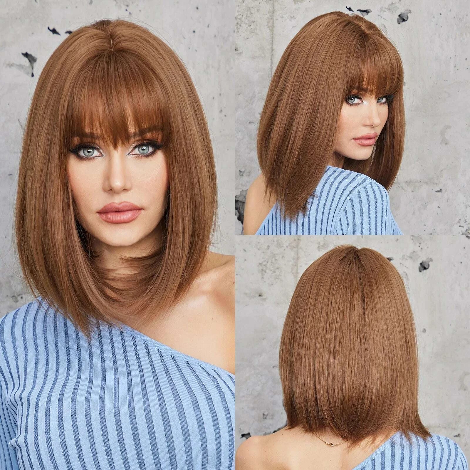 KIMLUD, Short straight synthetic wig Ginger Brown Bob wig with straight bangs Ladies Cosplay daily natural high temperature silk wig, KIMLUD Womens Clothes