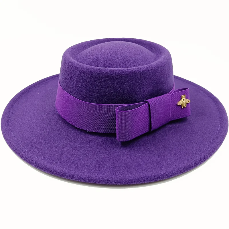 Wholesale Fedora hats Winter round concave convex surface flat top bow elastic ribbon men&#39;s and women&#39;s felt jazz hats Fedora - KIMLUD