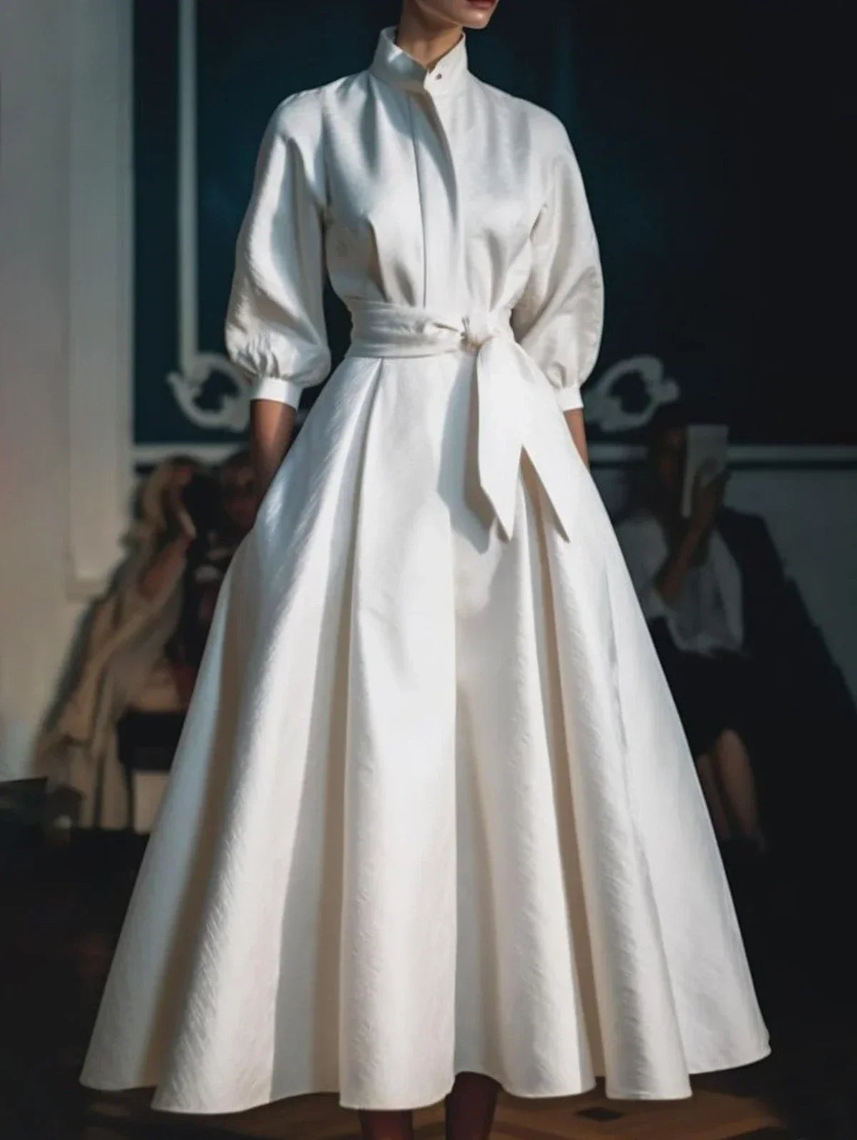 A-Line Maxi Shirt Dress Long Sleeve Stand Collar — Ivory | KIMLUD