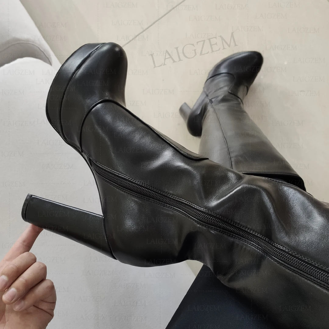 Knee-High Boots With Full Zipper — Black | KIMLUD