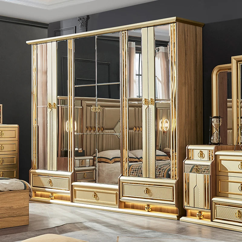 A Luxury Gold Royal Wood King Size Bed Set Villa Master Room Modern Wooden Full Queen Mdf Home Furniture Bedroom Sets
