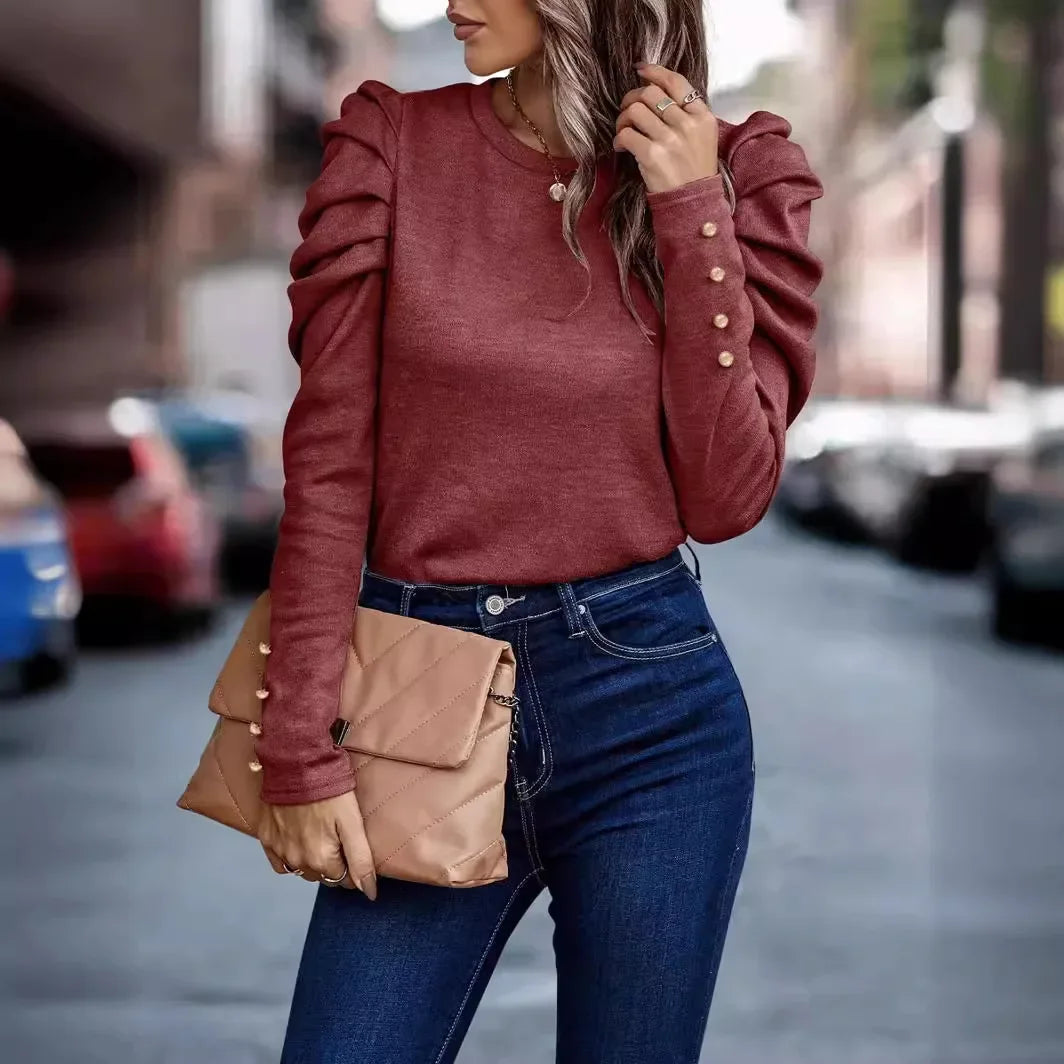 Long Sleeve Blouse – O-Neck Puff Sleeve – Knit – Solid Office Top | KIMLUD
