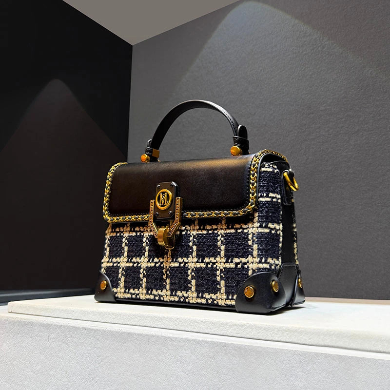 Leather Plaid Structured Crossbody Box Bag — Black | KIMLUD