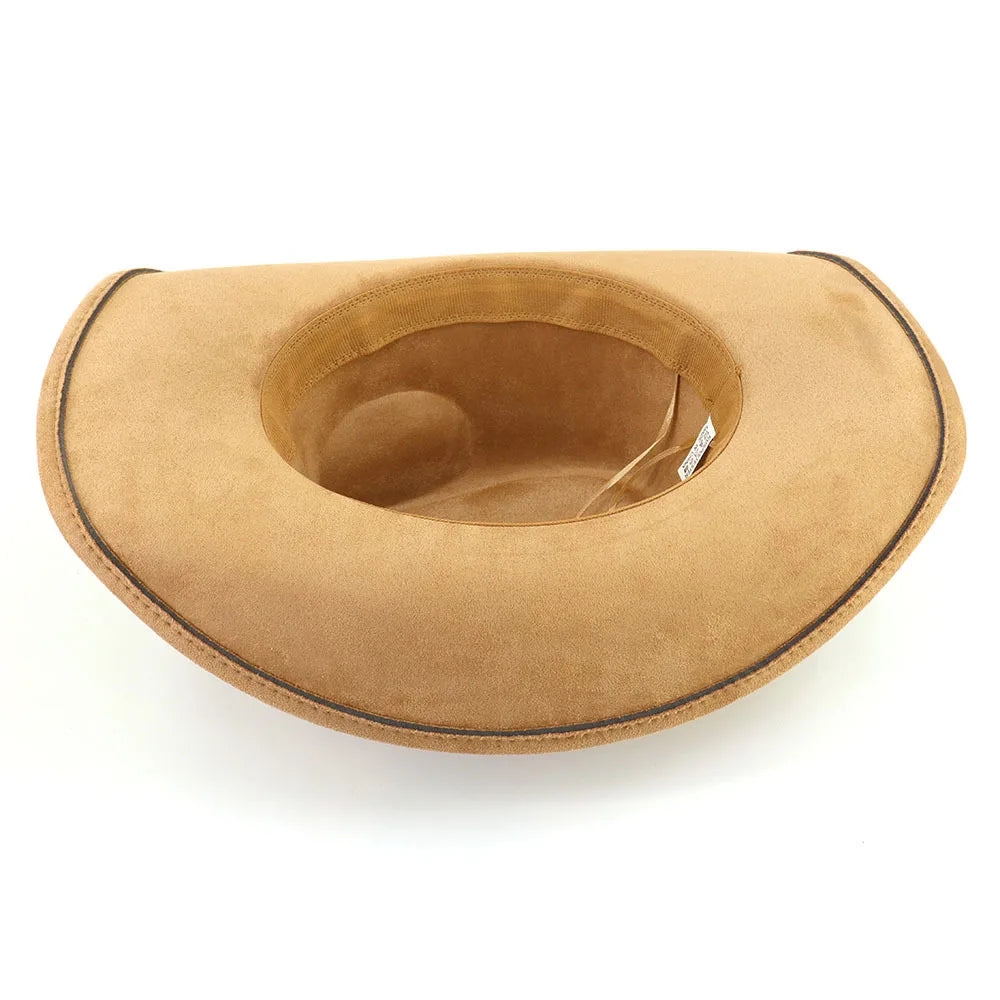 Leather Band Suede Cowboy Hat Big Brim Bull's Head — Brown | KIMLUD
