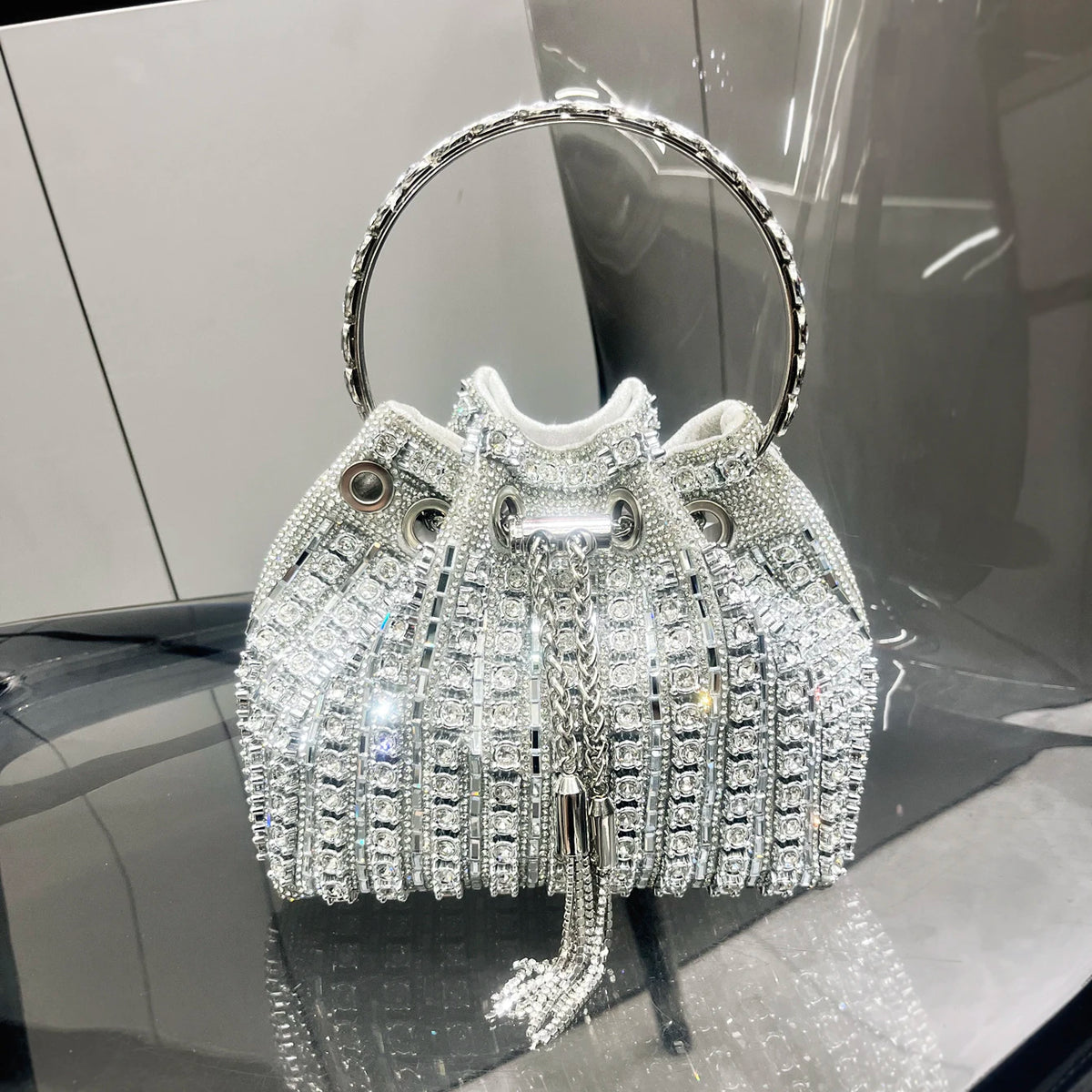 Bucket Bag – Crystal Rhinestone Accent – Polyester | KIMLUD