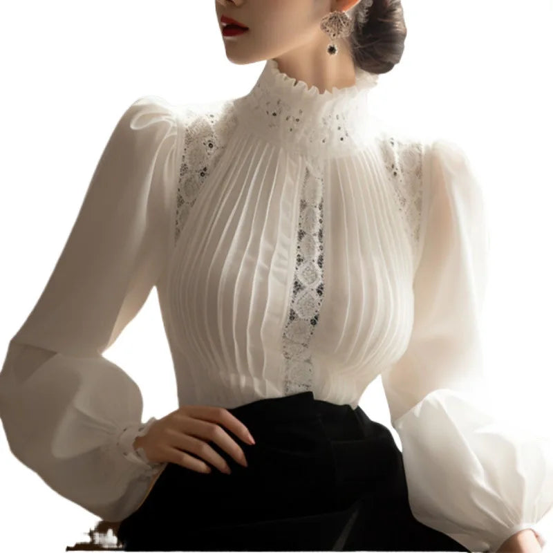 Spring Ladies Patchwork Lace Hollow Out Long Sleeve Shirt Tops New Korean Fashion Women's Solid Color Stand Collar Blouses