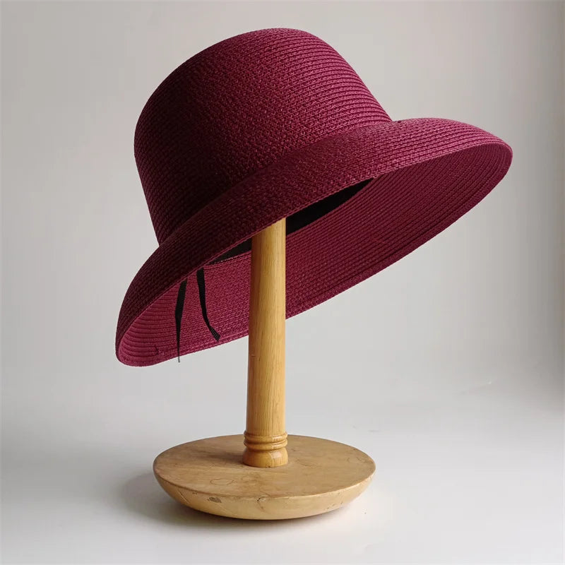 Panama Straw Floppy Sun Hat — Black With Ivory Ribbon | KIMLUD