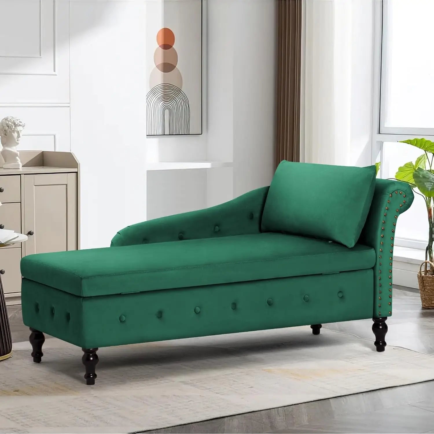 Velvet Chaise Lounge with Left Armrest & Storage Space,Button Tufted Lounge Chair w/Lumbar Pillow,Modern Upholstered Lounge Chai