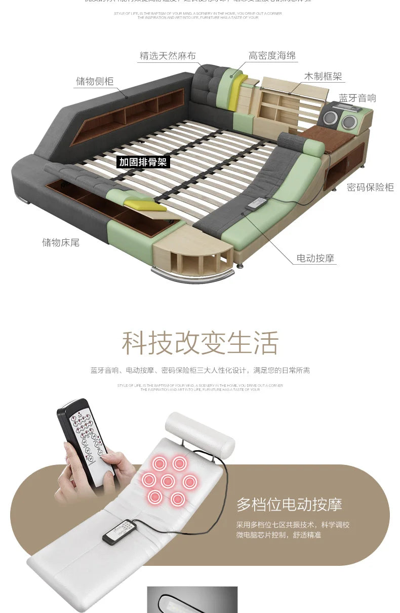 USB LED Wood Massage Bed Sets Smart King Size New Bedroom Furniture with Storage Queen Double Size Mattresses Bedroom Bed Set