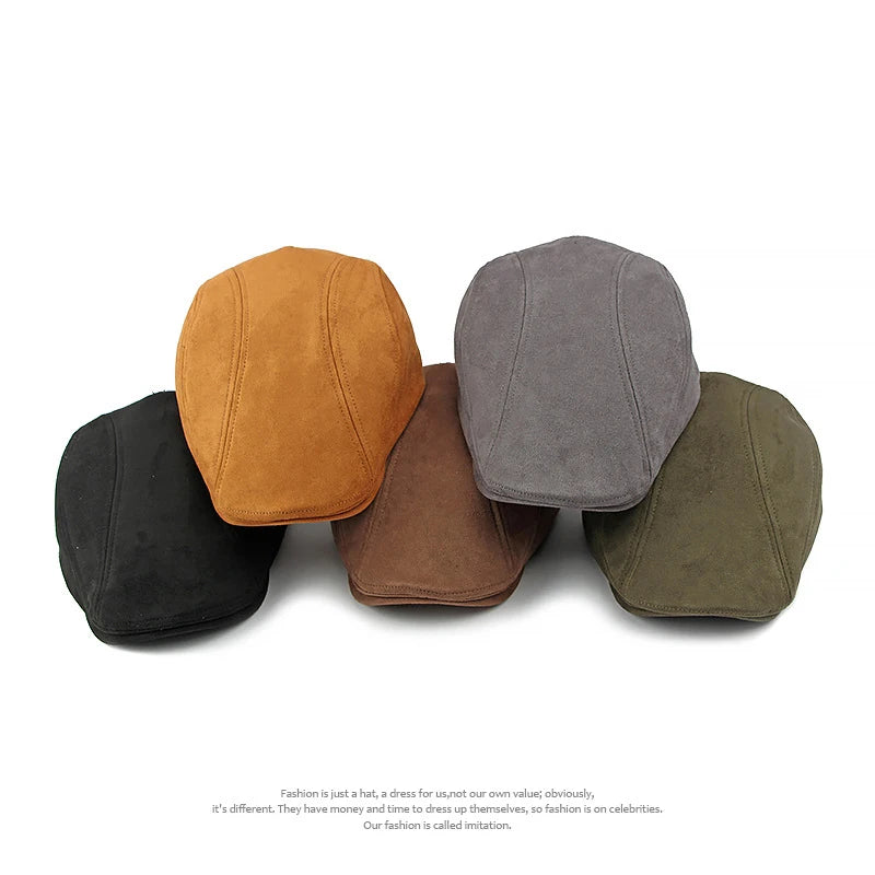 Suede Beret Herringbone Flat Cap Classic — Black | KIMLUD