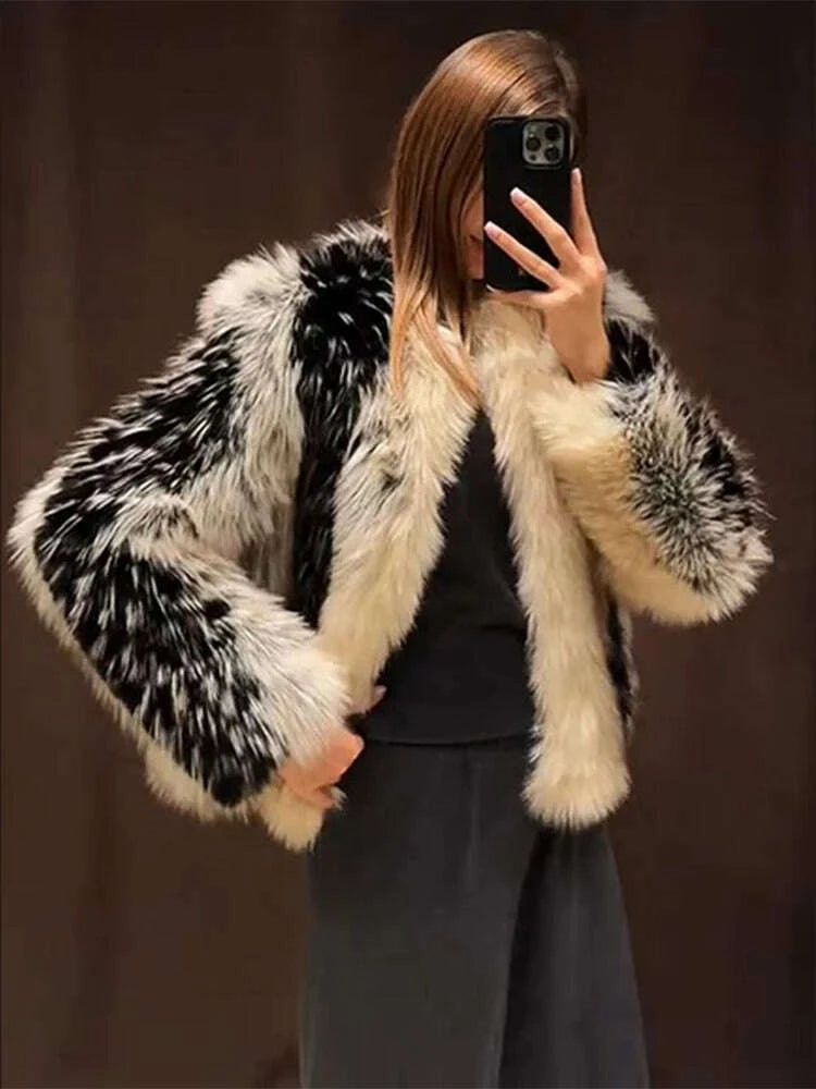 KIMLUD, Elegant  Fur Women's Coat O-neck Long Sleeve Thicken Warm Female Jackets 2025 Winter Fashion Panelled Furry Lady Outwears, KIMLUD Womens Clothes