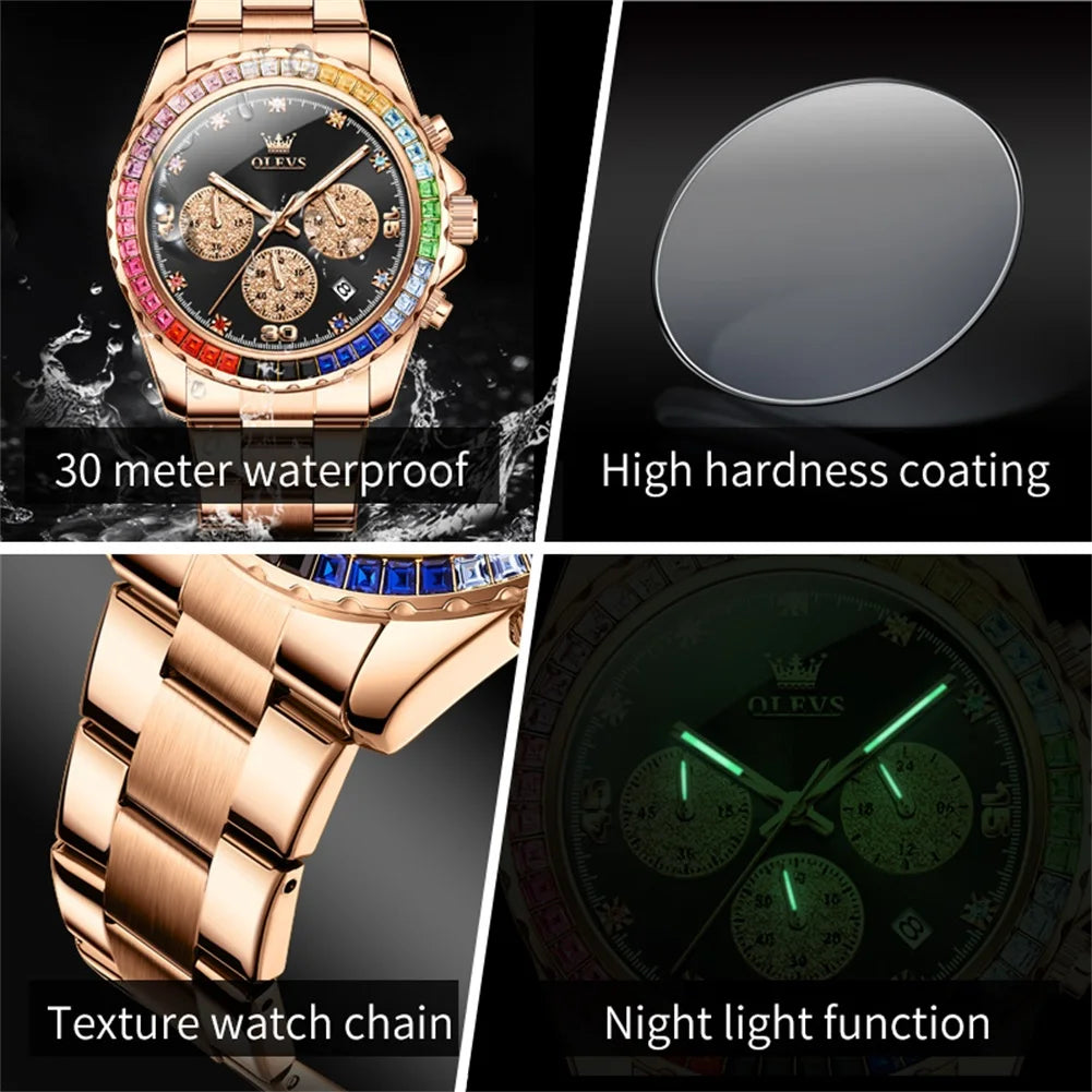 Stainless Steel Watch Rainbow Gemstone Bezel — Rose Gold | KIMLUD