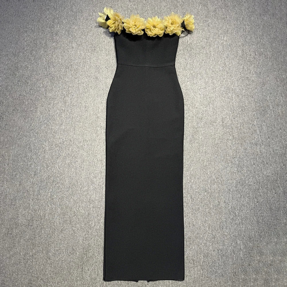 VC Elegant Fashion Off-Shoulder Black Maxi Dress with Golden Floral Embellishments Party Evening Gown